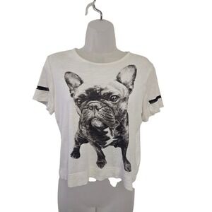 Yigal Azrouel Womens French Bulldog Graphic Tee White Lace Trim Top Size 4